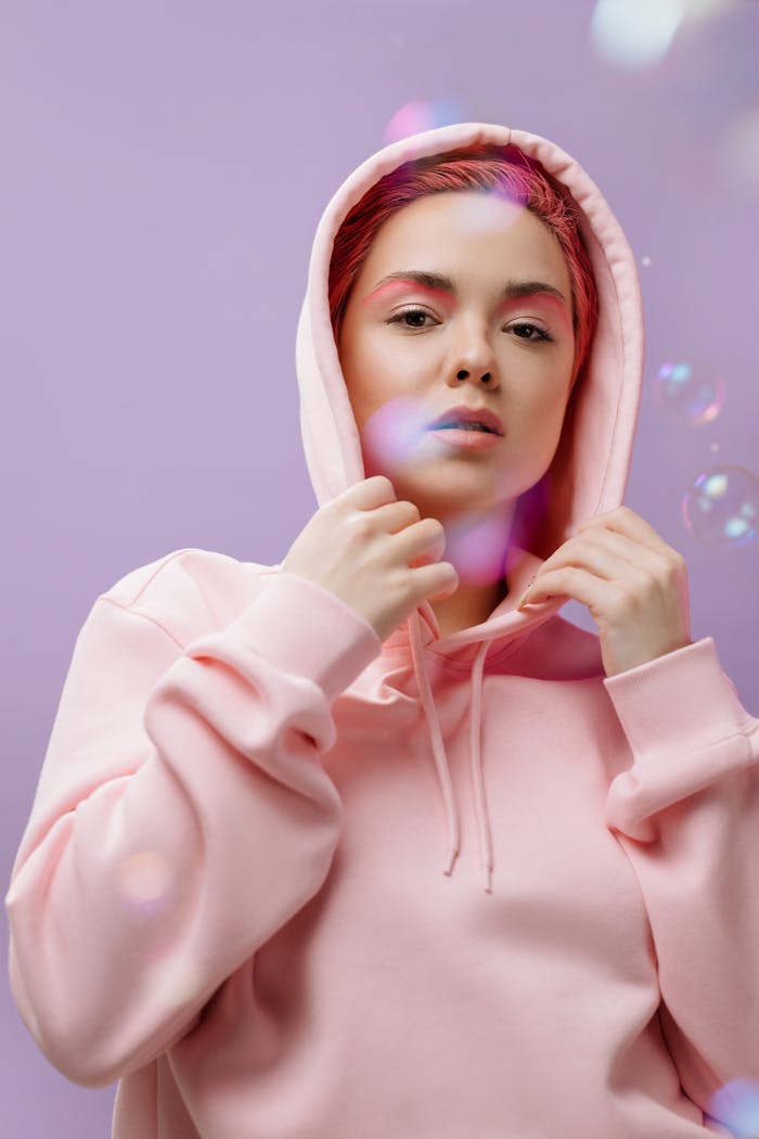 services-06 Young woman in pink hoodie posing with a violet background and bubbles. Studio portrait with a pastel theme.